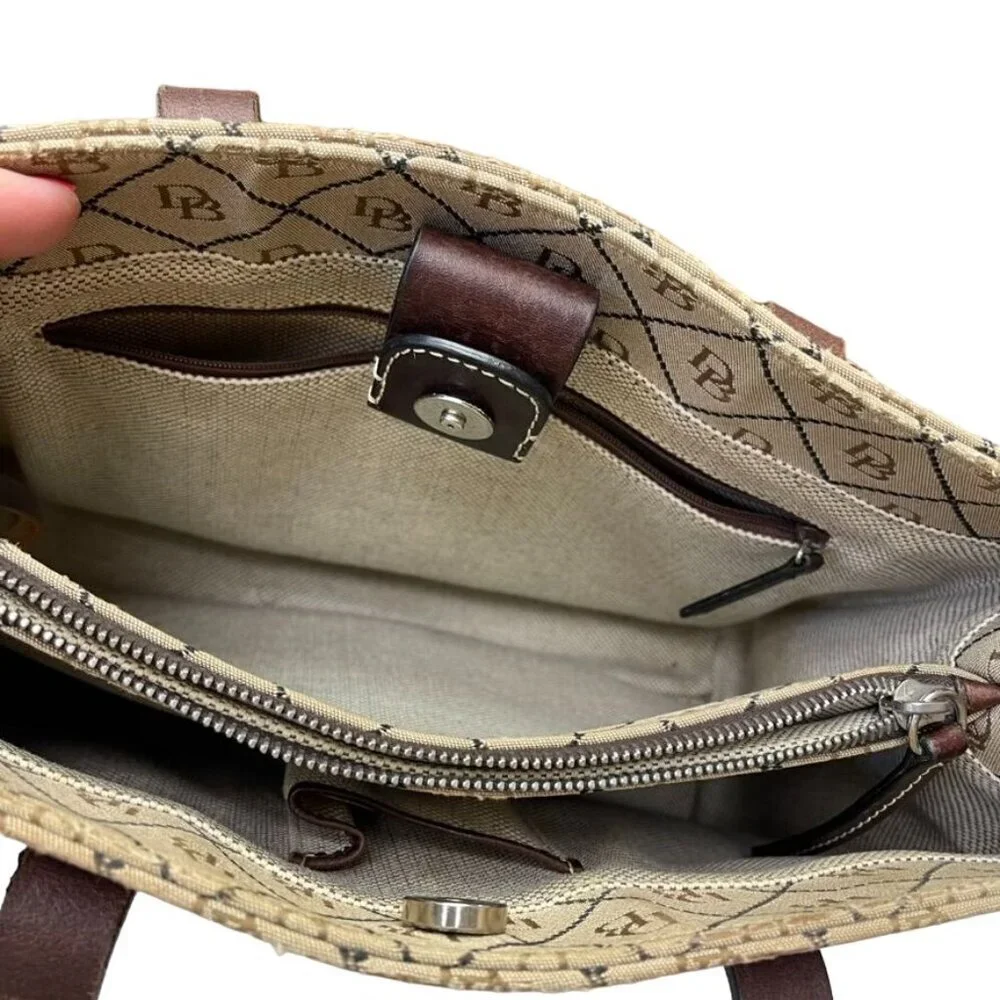 Numbered Dooney & Bourke Beige Logo Tote Bag With Brown Leather Straps and Trim - Picture 9 of 13